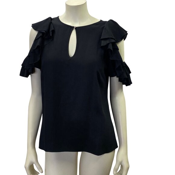 Parker Cold Shoulder Ruffle Sleeve Black‎ Blouse With Keyhole Front Sm - Picture 1 of 8